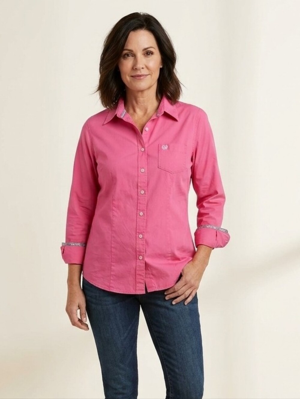 Cinch Pink Solid Cotton Western Button Up Shirt Embroidered Logo Women's Large